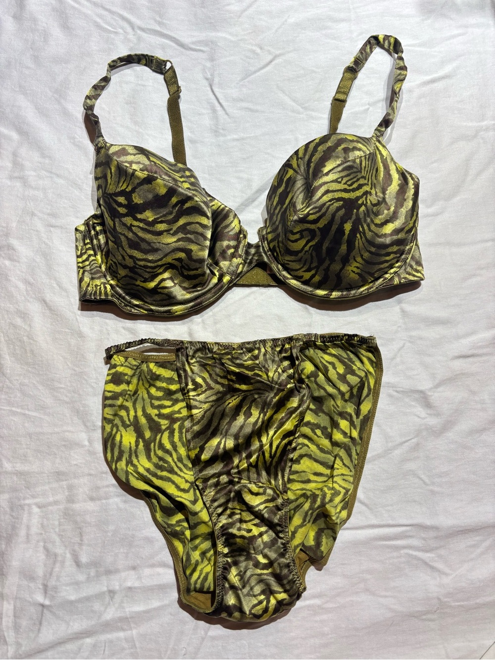 Vintage Victoria's Secret Silk Olive Zebra-Print Underwire Bra & Brief Set
